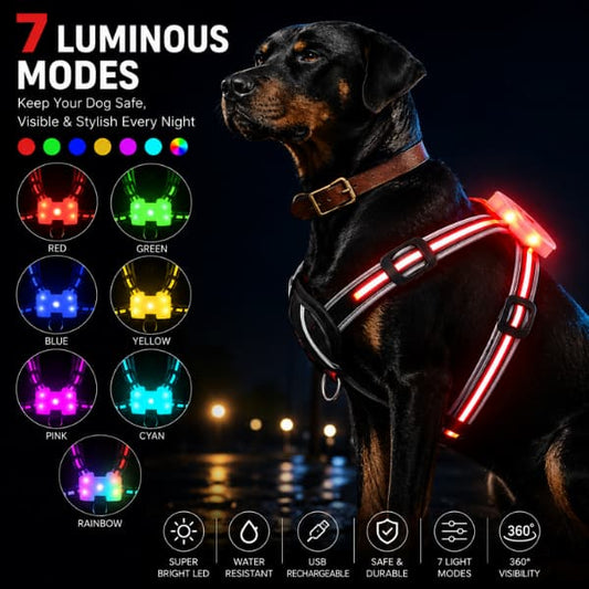 Black dog wearing rechargeable LED dog harness with seven luminous light modes for night walking safety