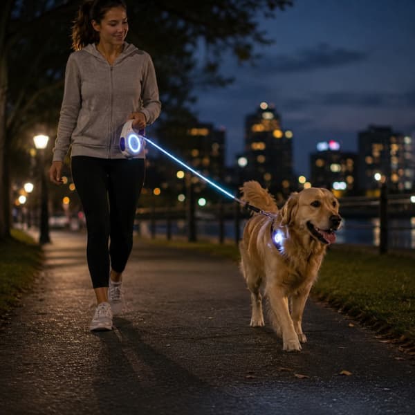 Woman walking a golden retriever at night using a glowing LED retractable dog leash on a city park pathway for safer evening walks