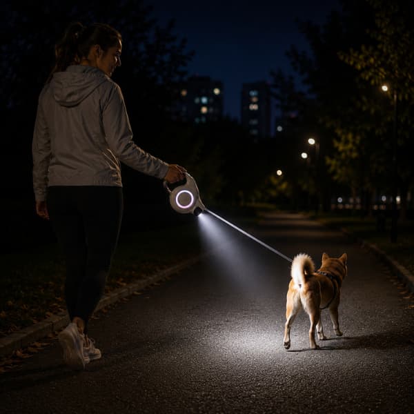Woman walking a dog at night using an LED retractable dog leash with built-in light on a dark outdoor path