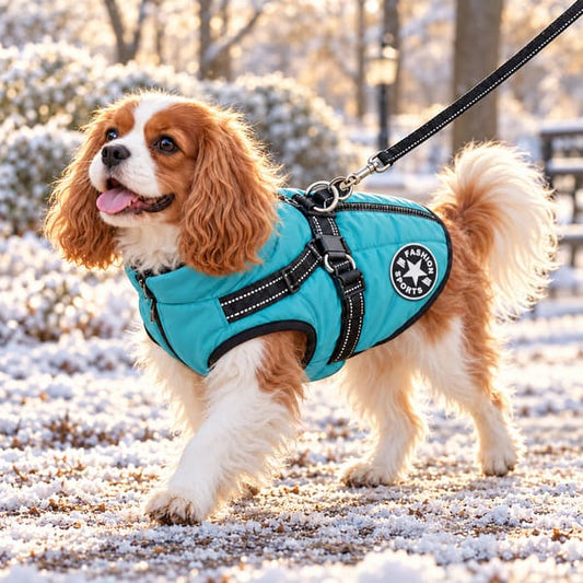 Cavalier wearing a light blue fleece-lined dog coat with built-in reflective harness and round star logo