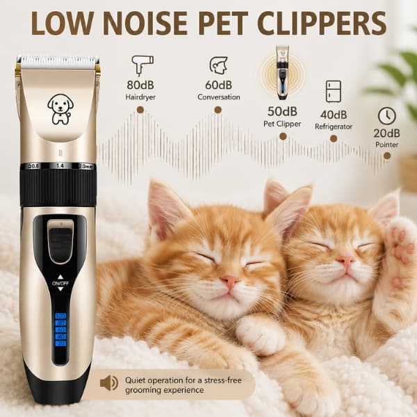 Low noise cordless pet clippers beside two relaxed sleeping kittens, designed for quiet and stress-free grooming of cats, dogs and rabbits