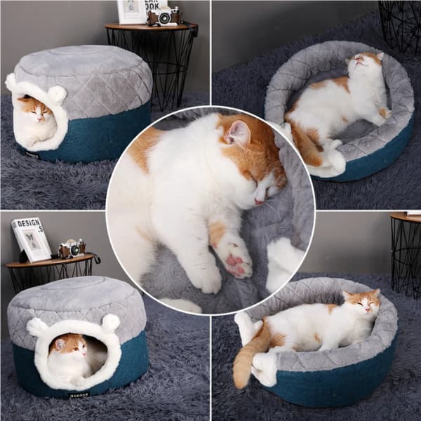 Luxury Plush Cat Cave Bed showing its dual-use design as a cosy enclosed cat cave and an open pet bed for cats and small dogs.