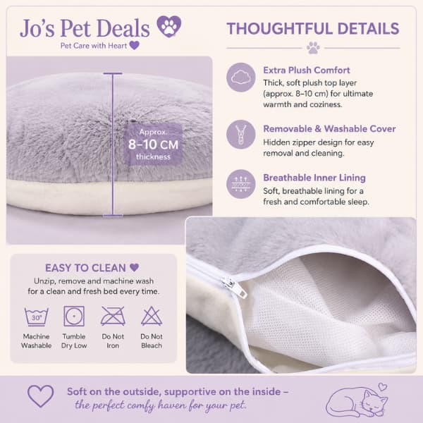 Feature guide showing the Luxury Plush Cat Cave Bed with an 8–10 cm thick plush cushion, removable washable cover, breathable inner lining and easy-care design for cats and small dogs.