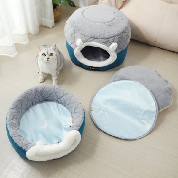 Luxury Plush Cat Cave Bed with removable inner cushion and convertible design, showing the cosy cave bed, open pet bed and washable insert for cats and small dogs.