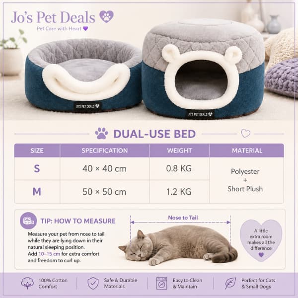 Size guide for the Luxury Plush Cat Cave Bed showing available dimensions and how to measure your cat or small dog for the best fit.