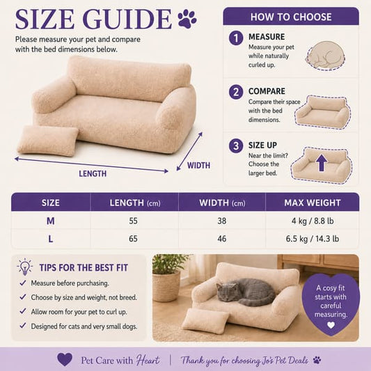 Luxury plush cat sofa bed size guide showing M and L dimensions, weight limits and measuring advice
