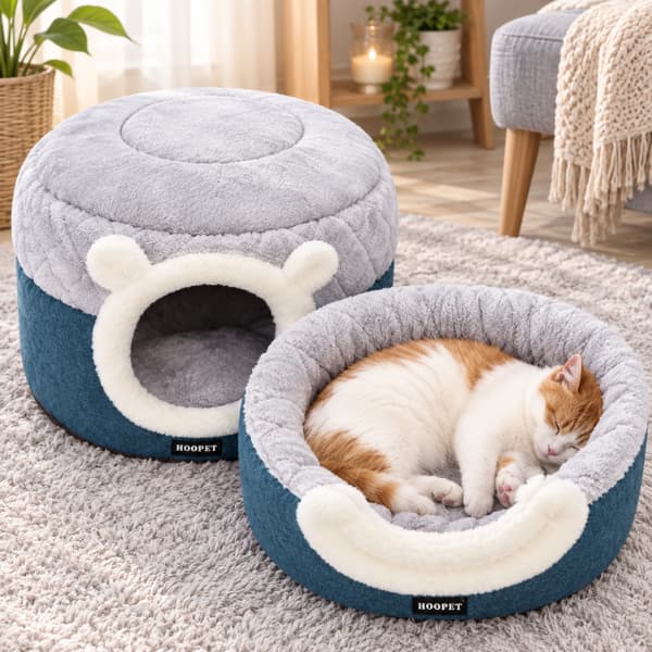 Luxury plush cat cave bed and matching cosy pet bed in a modern home with a sleeping cat enjoying a warm indoor resting place.