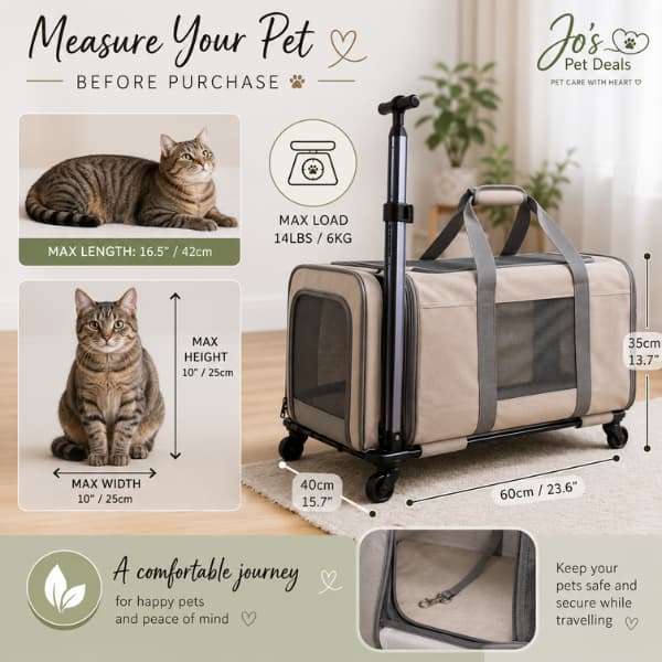 Pet carrier size guide showing recommended cat measurements and dimensions for a large wheeled pet travel carrier