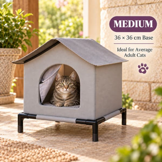Adult tabby cat inside the medium raised outdoor cat shelter with a 36 by 36 cm base