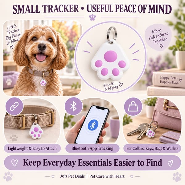 Mini paw-shaped Bluetooth tracker shown on a dog collar, keys and bag with Bluetooth app tracking benefits.