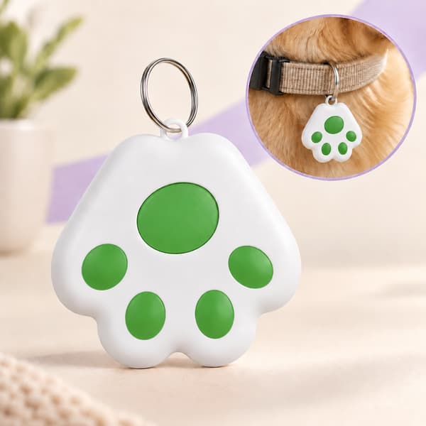 White paw-shaped mini Bluetooth pet tracker with green pads displayed beside a close-up attached to a dog collar.