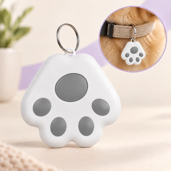 White paw-shaped mini Bluetooth pet tracker with grey pads displayed beside a close-up attached to a dog collar.