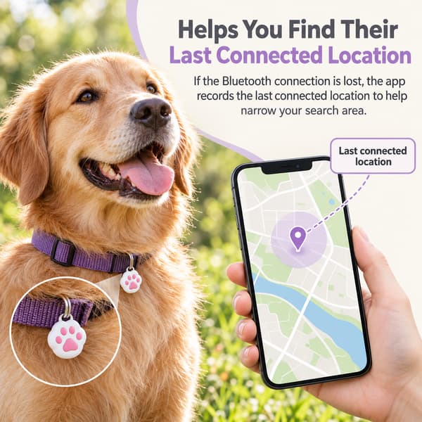 Dog wearing a mini Bluetooth pet tracker beside a phone showing its last connected location.