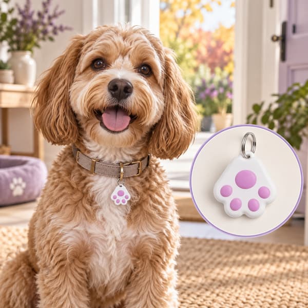 Small white paw-shaped Bluetooth pet tracker with pink pads attached to a dog’s collar.