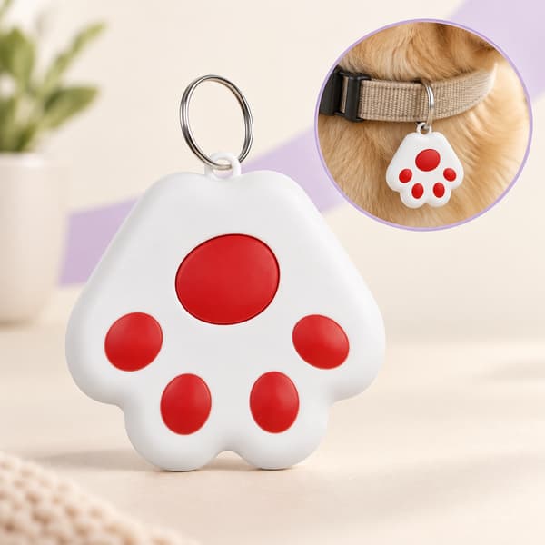 White paw-shaped mini Bluetooth pet tracker with red pads displayed beside a close-up attached to a dog collar.