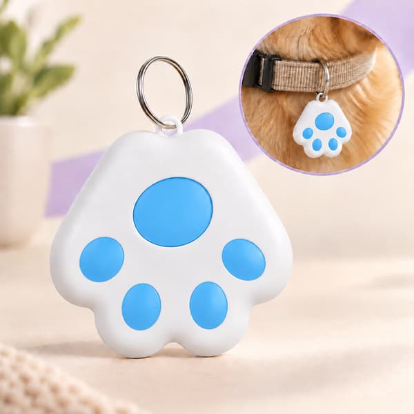 White paw-shaped mini Bluetooth pet tracker with sky-blue pads displayed beside a close-up attached to a dog collar.