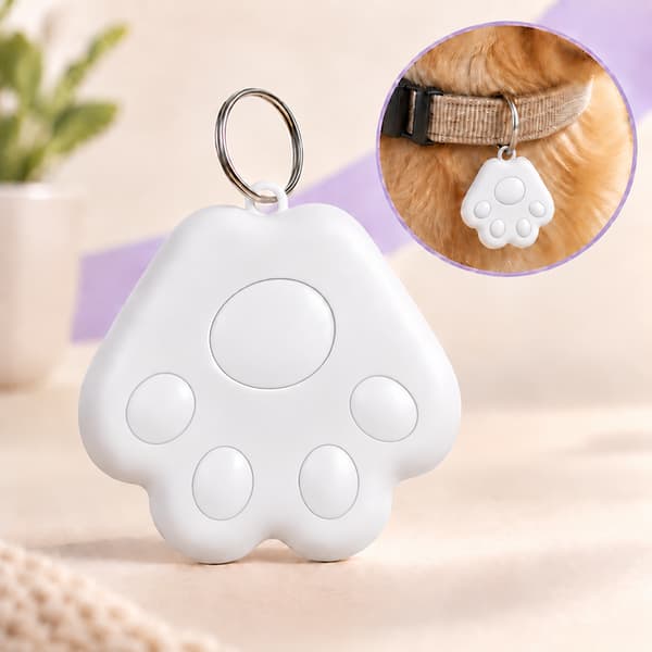 All-white paw-shaped mini Bluetooth pet tracker displayed beside a close-up attached to a dog collar.