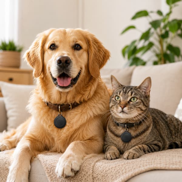 Golden Retriever and tabby cat relaxing together at home wearing Mini GPS Pet Trackers, compatible with Apple Find My for everyday pet safety and real-time location tracking.