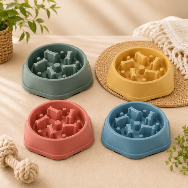 Premium colorful slow feeder bowls for dogs and puppies displayed in a modern home setting to support slower eating and healthier digestion