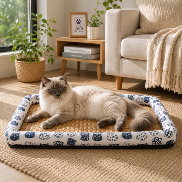 Fluffy cat relaxing on a natural cooling pet lounger with a breathable woven rattan surface in a bright modern living room