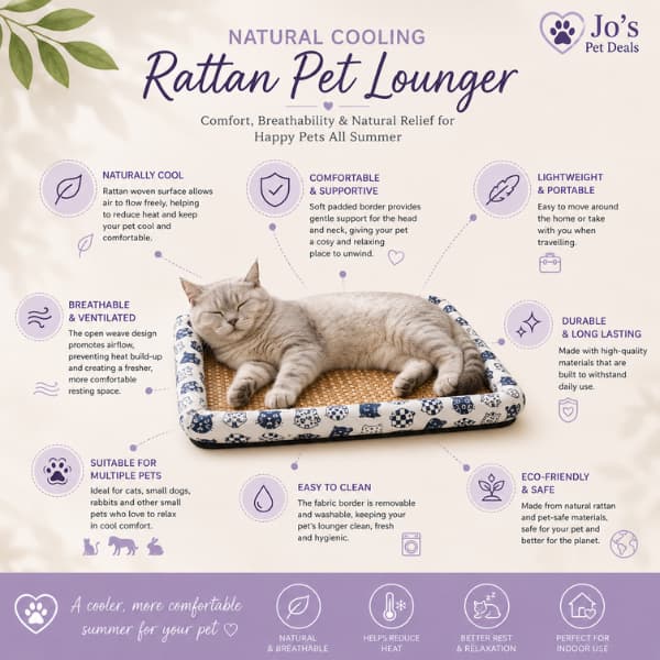 Natural cooling rattan pet lounger infographic showing breathable woven surface, padded border, non-slip base and comfortable summer bed for dogs, cats and rabbits