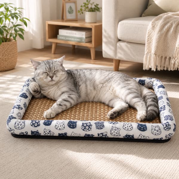 Grey tabby cat relaxing on a natural cooling rattan pet lounger with a woven breathable surface in a bright modern living room