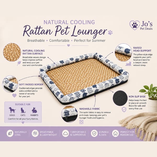 Natural cooling rattan pet lounger showing breathable woven surface, raised head support, soft padded border and non-slip base for dogs, cats and rabbits