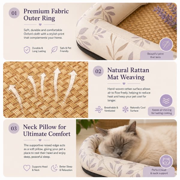 Natural cooling rattan pet lounger showing premium Oxford fabric border, breathable woven rattan surface and supportive head pillow for dogs, cats and rabbits