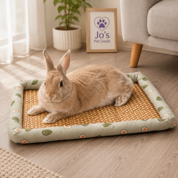 Rabbit relaxing on a natural cooling rattan pet lounger with a breathable woven surface in a bright modern home