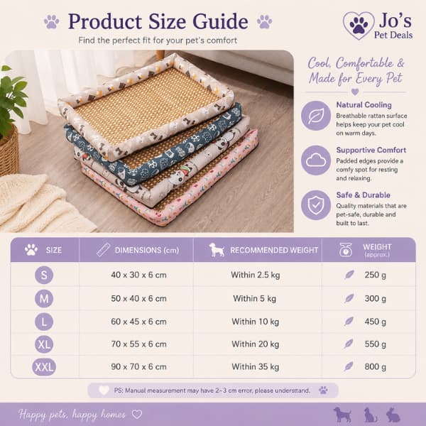 Natural cooling rattan pet lounger size guide showing dimensions and recommended pet weights for dogs, cats and rabbits