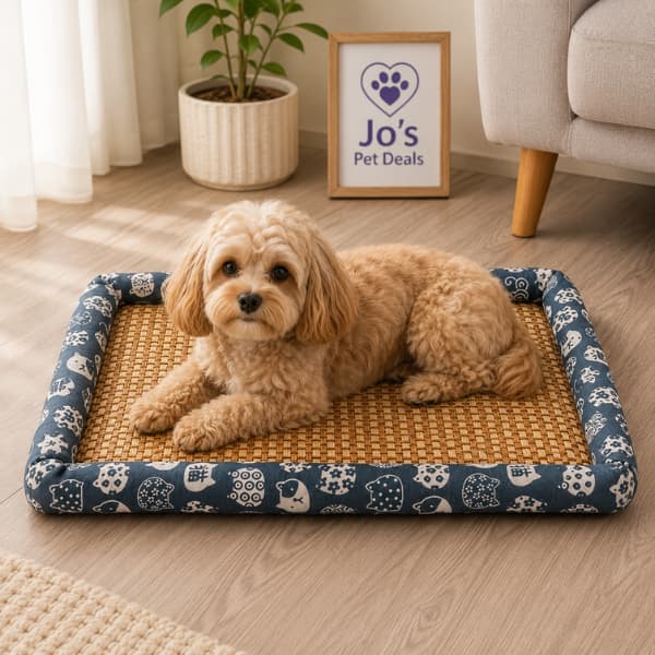 Small dog relaxing on a natural cooling rattan pet lounger with a breathable woven surface in a bright modern living room