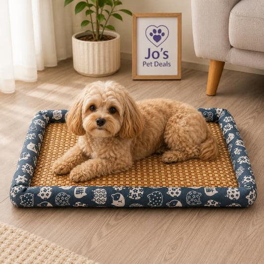 Small dog relaxing on a natural cooling rattan pet lounger with a breathable woven surface in a bright modern living room