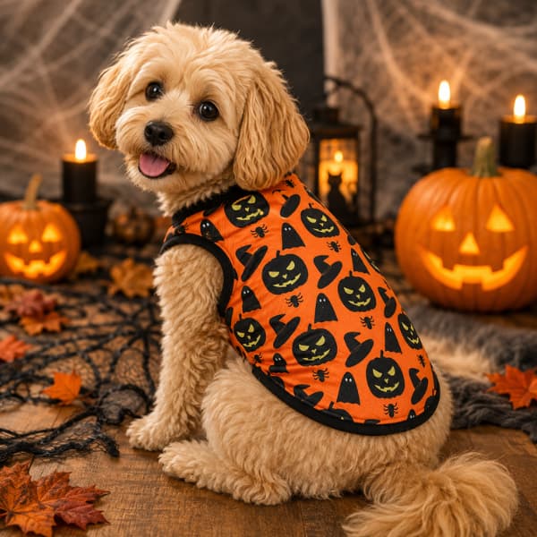 Small dog wearing orange Halloween pet vest with pumpkin ghost and witch hat print