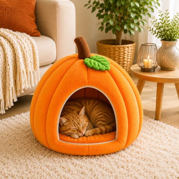 Ginger cat sleeping inside an orange Pumpkin Cat Cave Bed in a cosy home, showing the plush enclosed design and cushioned sleeping area.