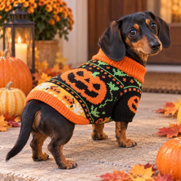 Dachshund wearing an orange and black knitted Halloween dog jumper with a pumpkin pattern