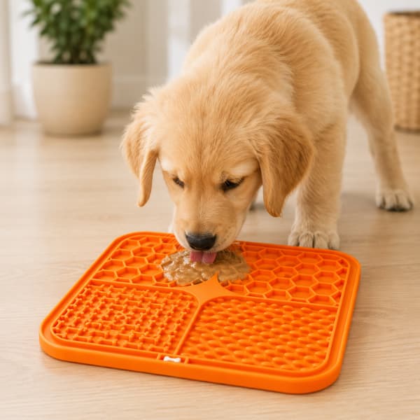 Golden retriever puppy using an orange silicone slow feeder lick mat for enrichment, calming support, and slower healthier eating