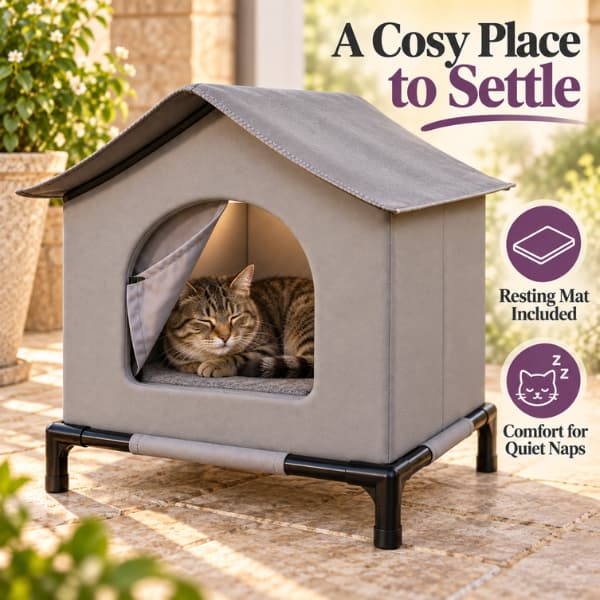 Tabby cat sleeping on the included resting mat inside a raised grey outdoor cat shelter