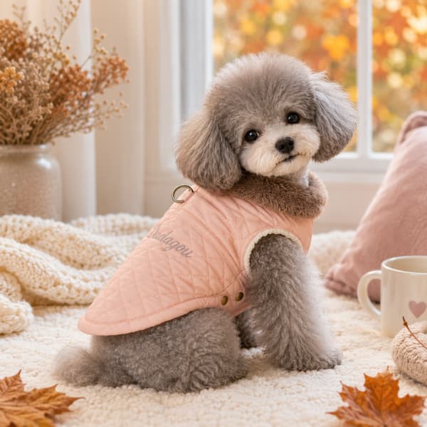 Small dog wearing pale pink quilted winter dog coat with plush collar in a cosy autumn setting