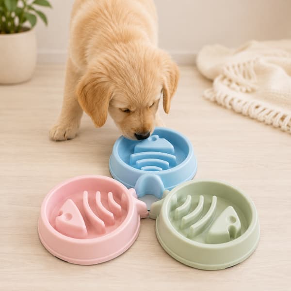 Golden retriever puppy exploring pastel slow feeder bowls designed to help reduce fast eating and support healthier digestion for dogs and puppies