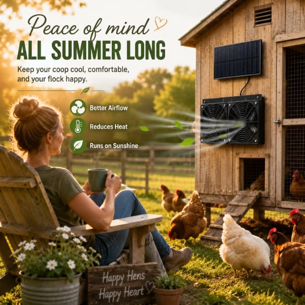 Backyard chicken coop with solar powered ventilation fan system helping improve airflow and keep chickens cool during hot summer weather