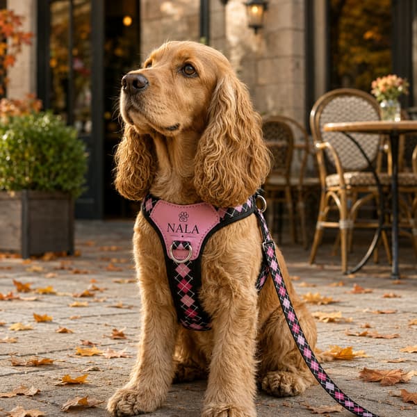 Golden Cocker Spaniel wearing a personalised black-and-pink plaid harness with matching leash outside an autumn café.