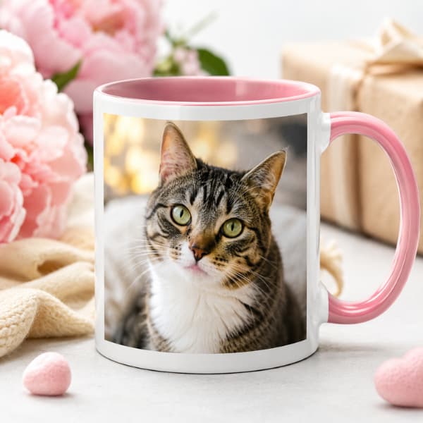 Personalised cat photo mug with custom cat picture printed on a ceramic mug with pink handle