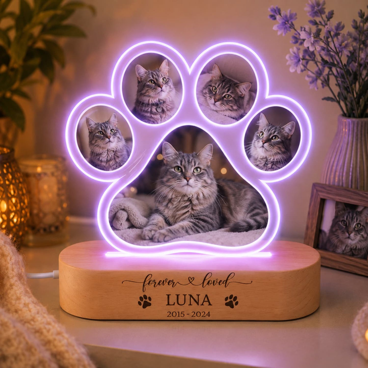 Personalised cat photo paw night light with custom name and purple LED glow