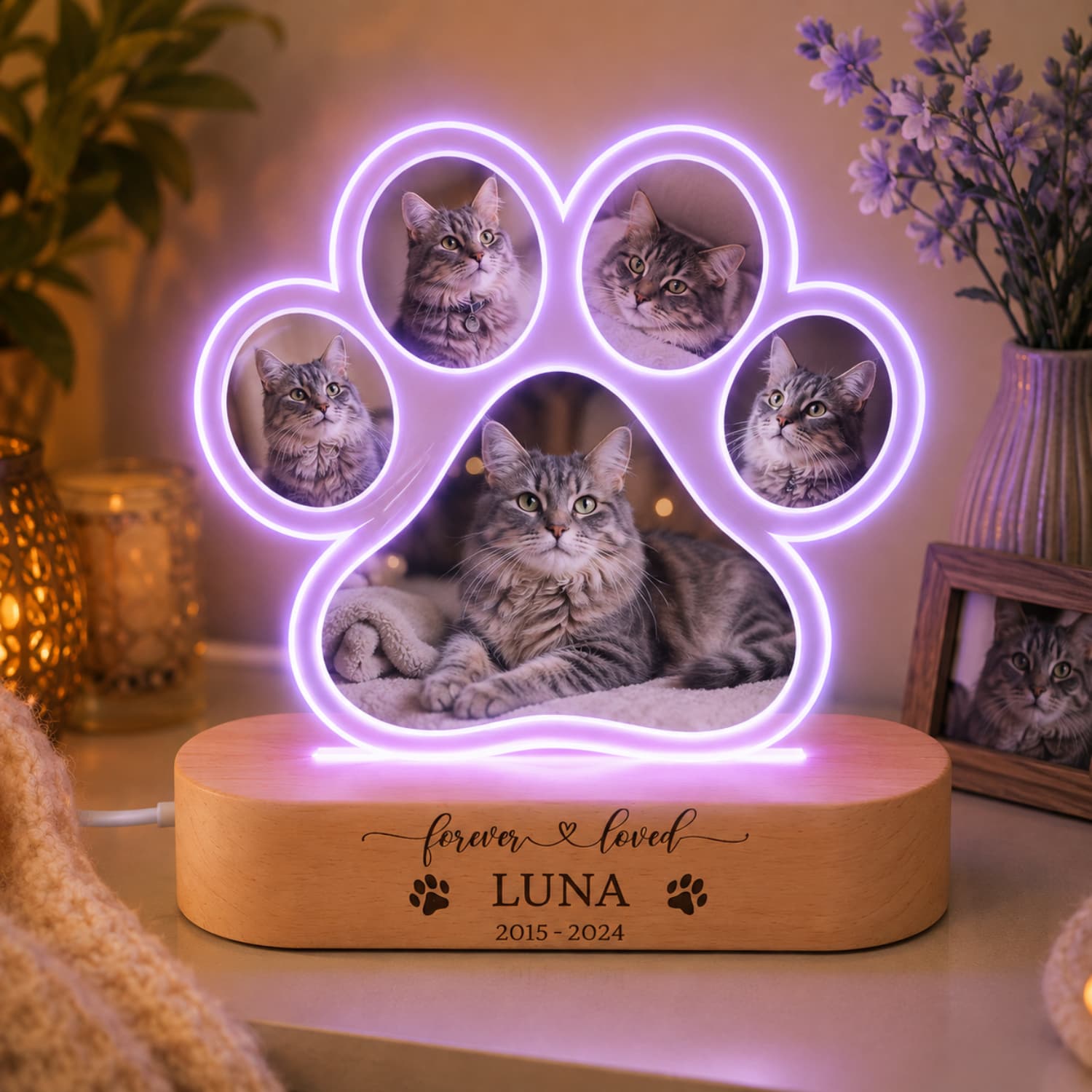 Personalised cat photo paw night light with custom name and purple LED glow