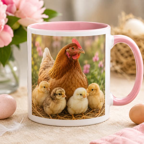 Personalised photo mug featuring a hen and chicks printed on a ceramic mug with pink handle