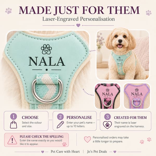 Laser-engraved personalised dog harness showing custom name options and three ordering steps.