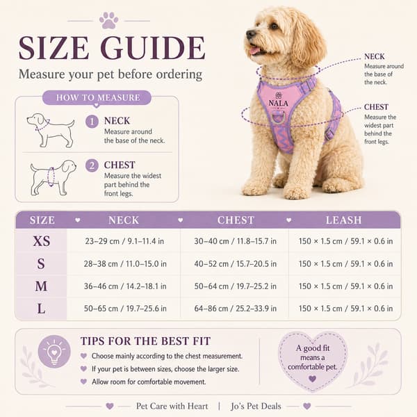 Personalised dog harness size guide showing neck and chest measurements for sizes XS to L.