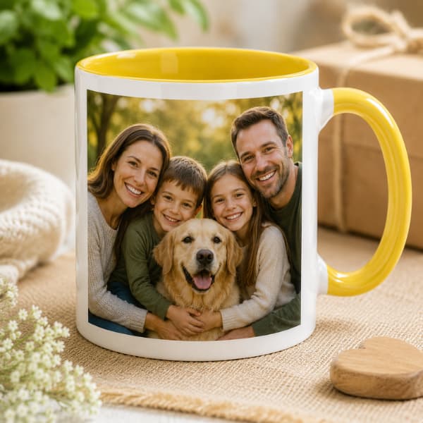 Personalised family photo mug featuring a custom family picture printed on a ceramic mug with yellow handle