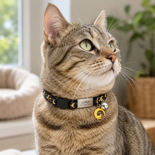 Tabby cat wearing personalised black glow collar with engraved name and phone number ID plate