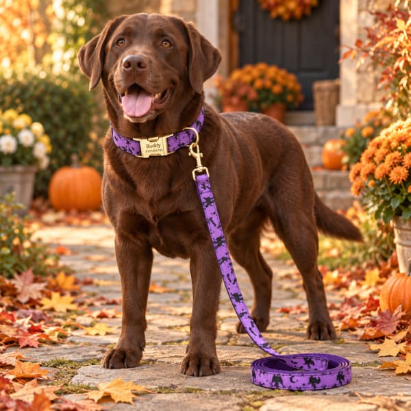Chocolate Labrador wearing a personalised purple Halloween dog collar with a matching lead attached to the gold D-ring